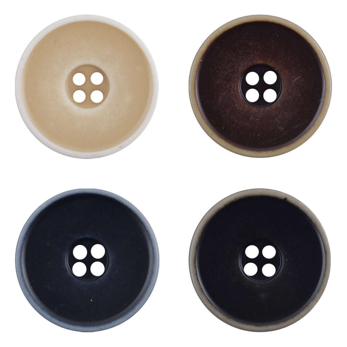 Round resin buttons, distressed washed gradient, 4-hole, khaki and dark brown set