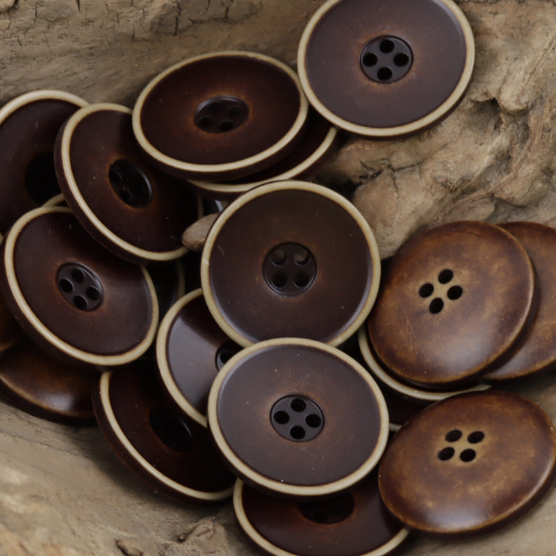 Coffee-brown 4-hole resin buttons, washed gradient, round distressed resin, assorted set
