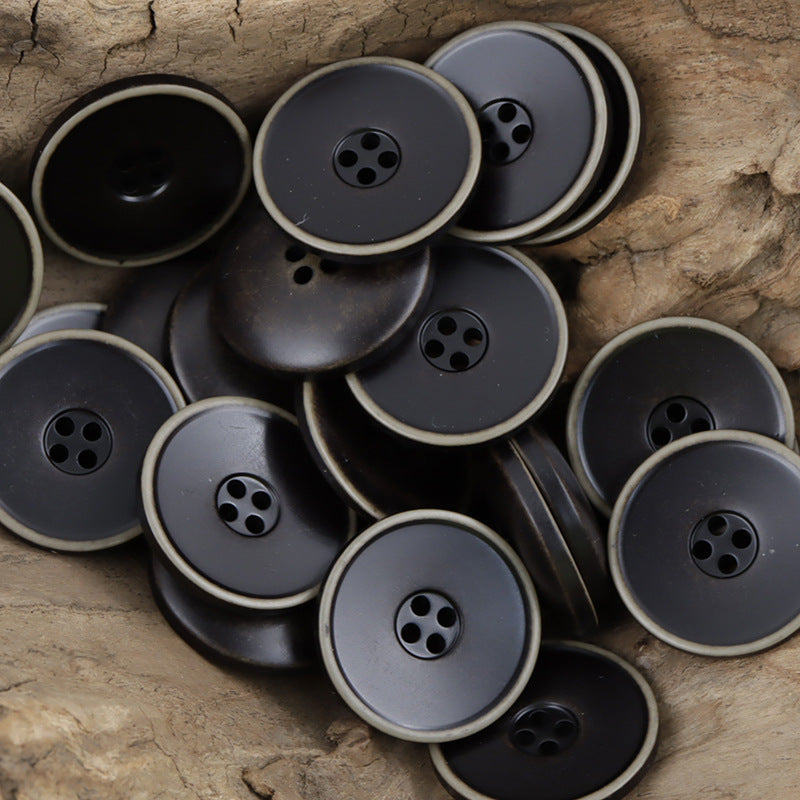 Assorted dark 4-hole resin buttons, washed gradient, round distressed edges, matte finish