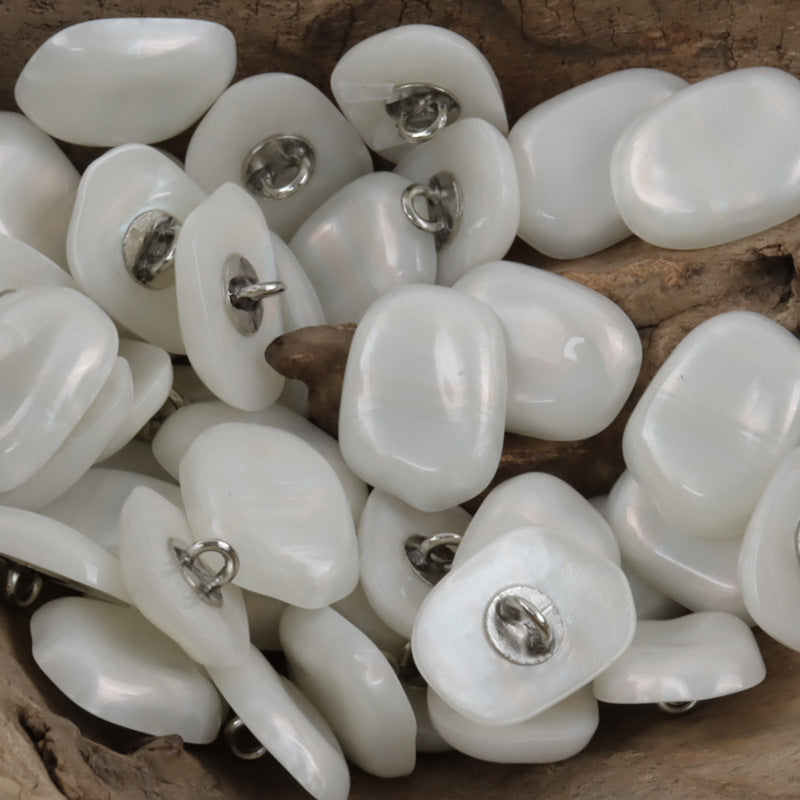 Stone-shaped resin buttons with metal shank, white (10 pcs)