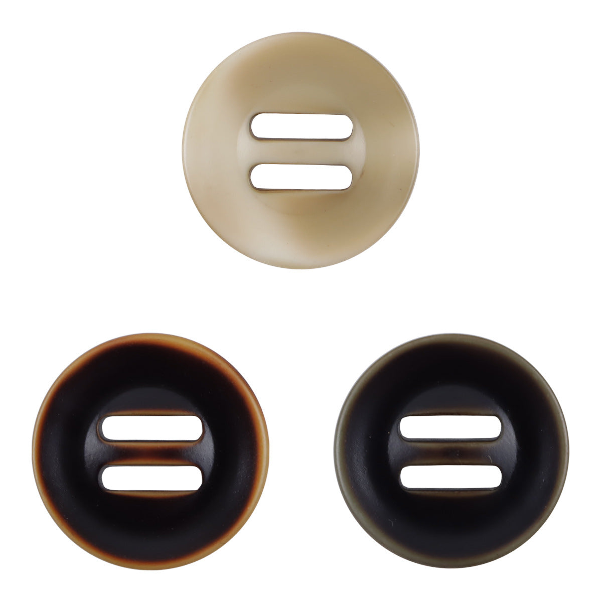 Long eyed three-step down resin slider buttons in khaki, brown, and black