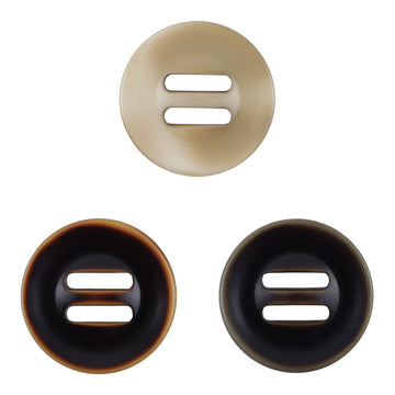 Long eyed three-step down resin slider buttons in khaki, brown, and black