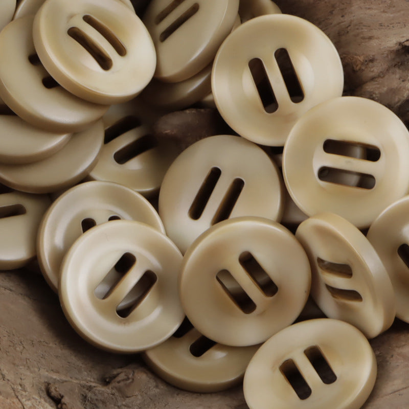 Khaki long eyed three-step down resin slider buttons, round face with 3 slots