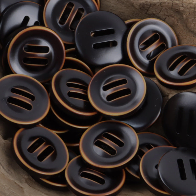 Assorted black long eyed three-step down resin slider buttons, 3-slot face