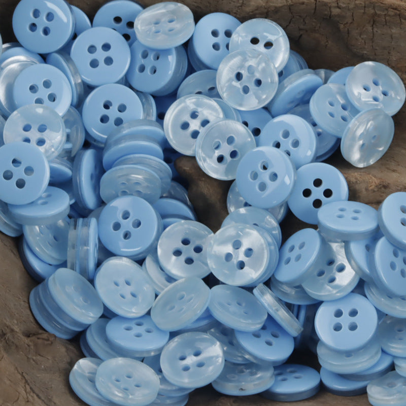 Round 11.5mm imitation shell resin buttons, 4-hole, light blue assortment