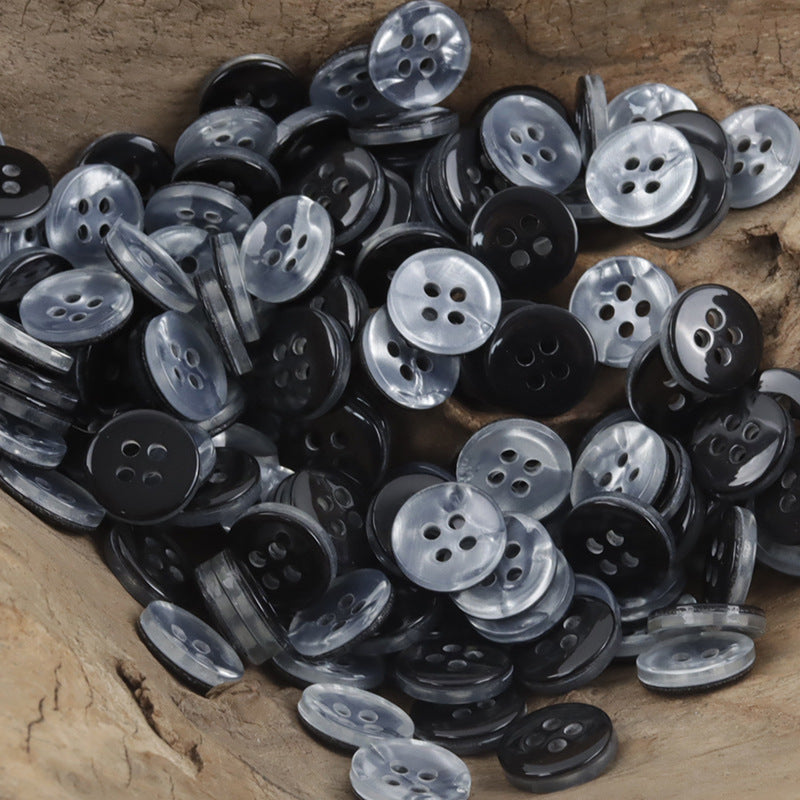Round 11.5mm imitation shell resin buttons, 4-hole, black and clear gray assortment
