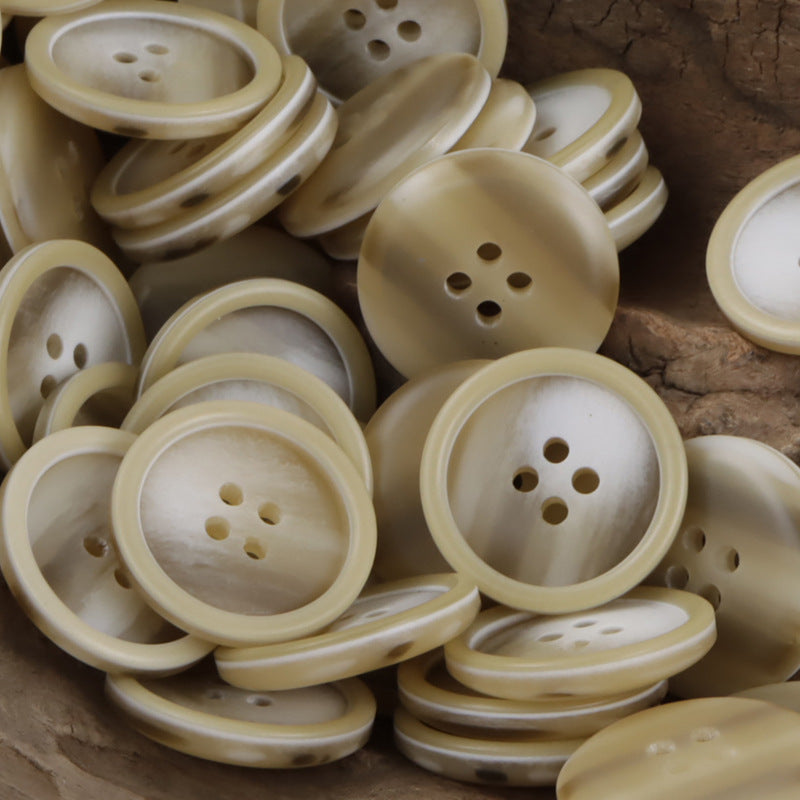 Set of round resin coat buttons, light khaki tone, four-hole