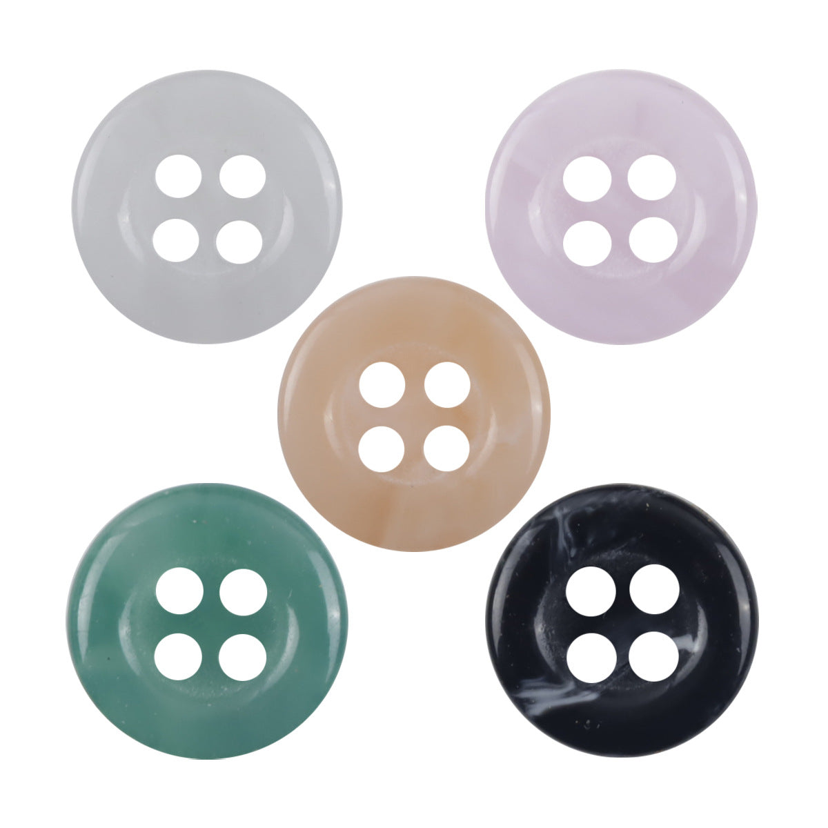 11.5mm round resin buttons, 4-hole set in white, purple, green, black, beige tones