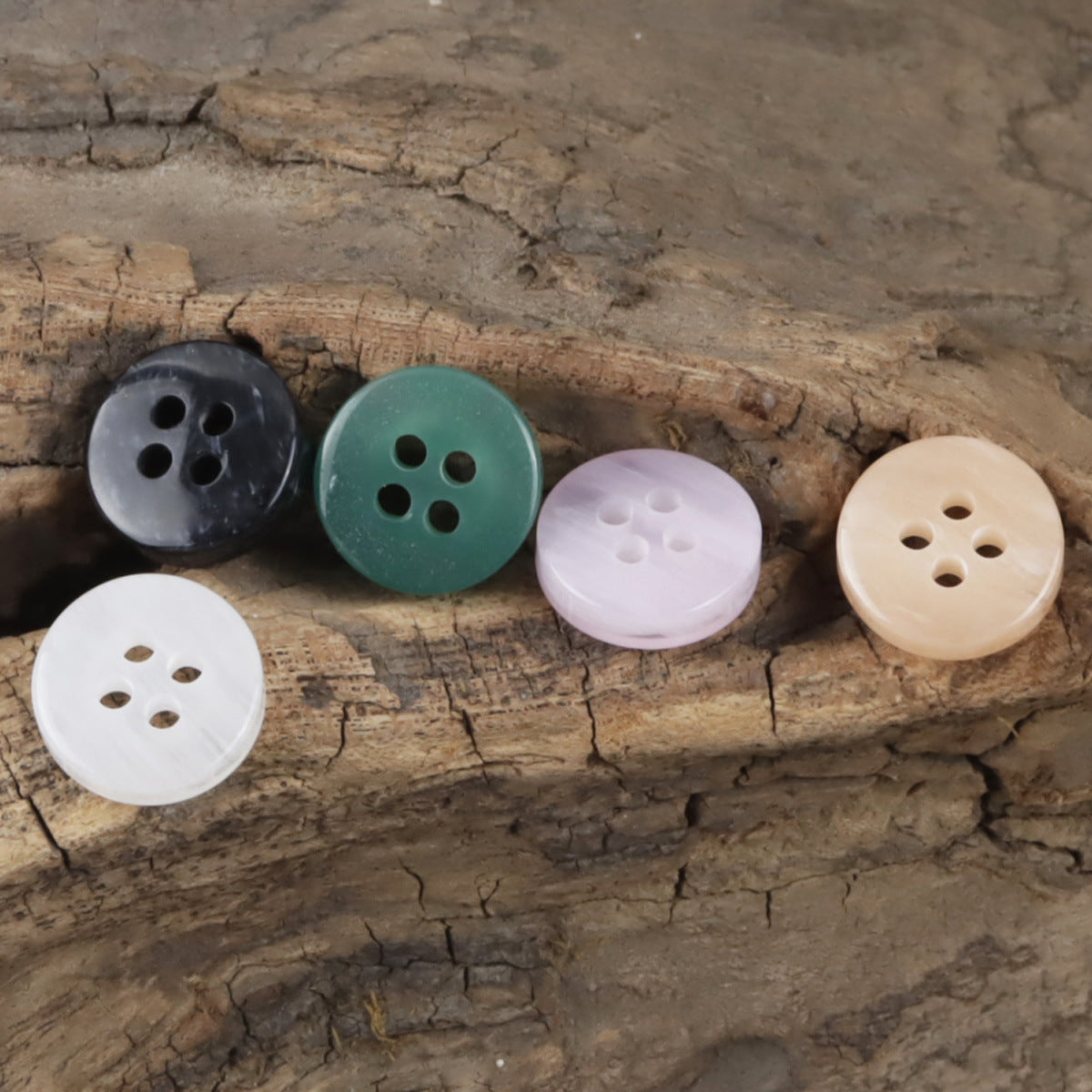11.5mm resin buttons, 4-hole: dark, teal, white, cream, pale tones on wood log