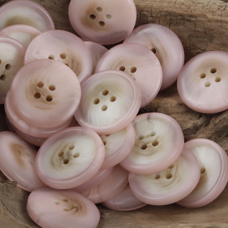 Round light pink resin buttons with 4 holes, smooth glossy finish (assorted set)