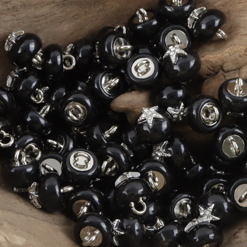 Black resin starfish rhinestone buttons, metal loops, 11.5mm, 10 pcs