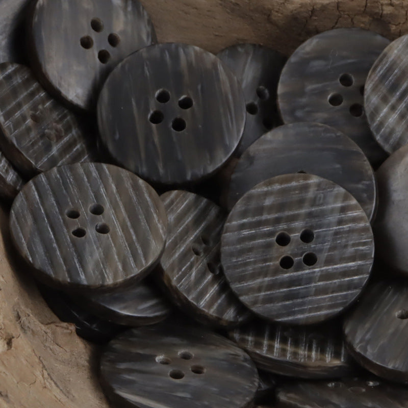 Dark gray/black flat resin buttons with woodgrain stripe texture, 4 holes