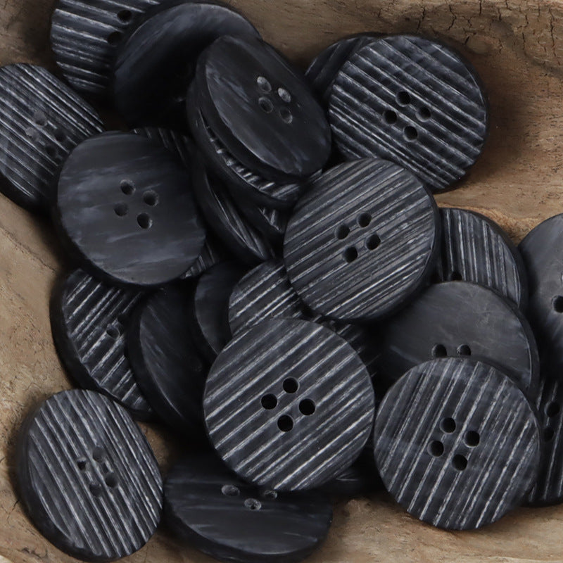 Black and dark gray flat resin buttons with woodgrain stripes, 4-hole design