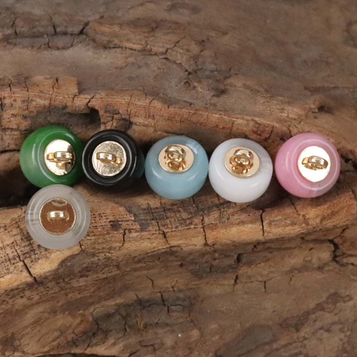 Mixed color 10mm resin buttons with gold shanks: green, black, blue, white, pink