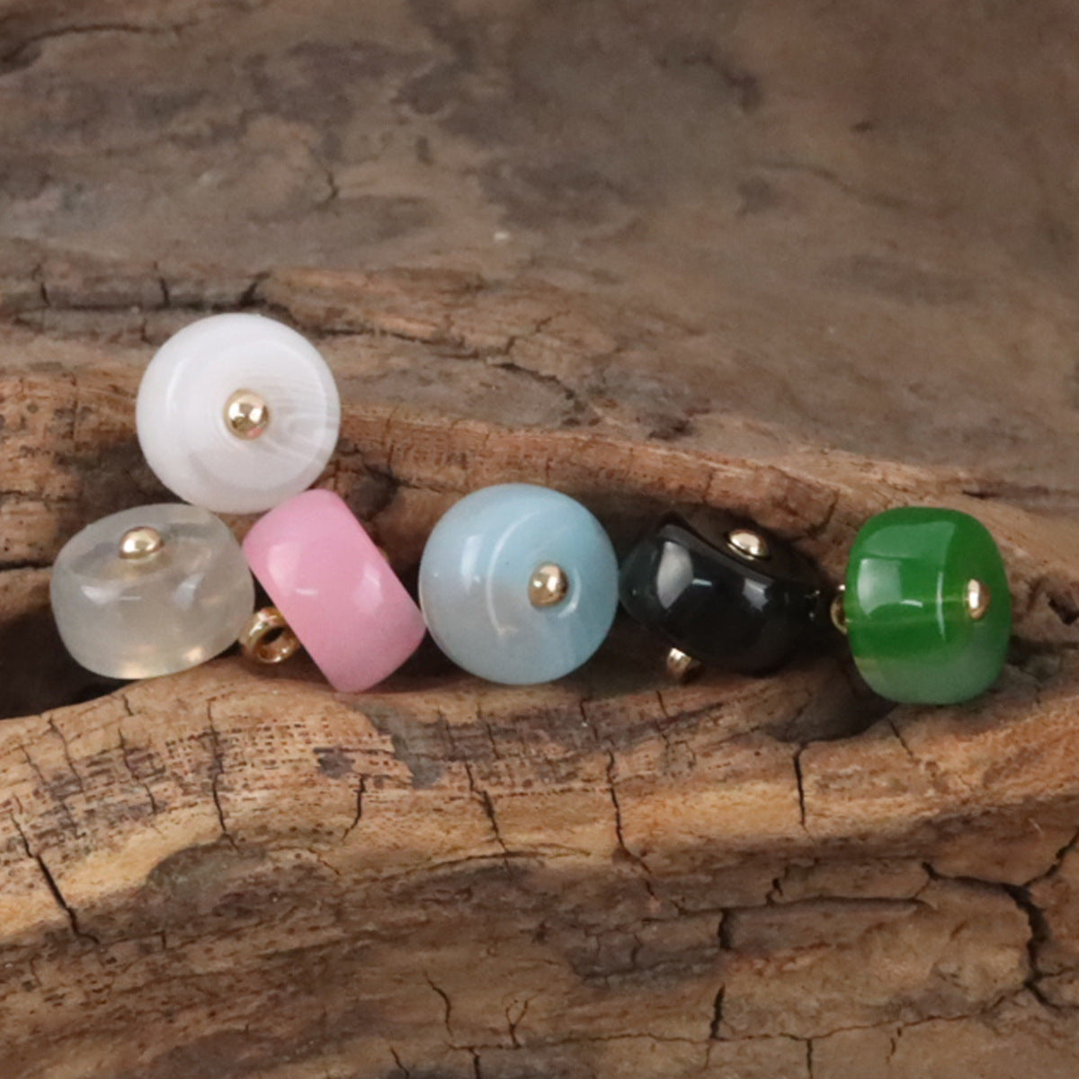 10mm resin buttons assortment: white, pink, light blue, black, green with gold posts