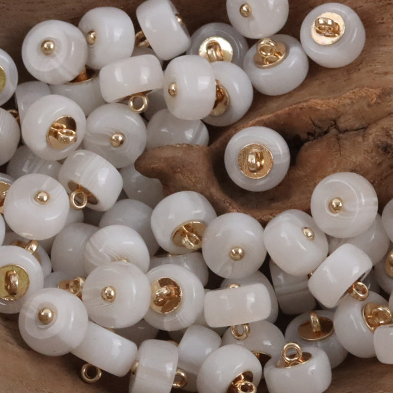 White 10mm imitation jade resin buttons, gold shank, round, 10pcs set