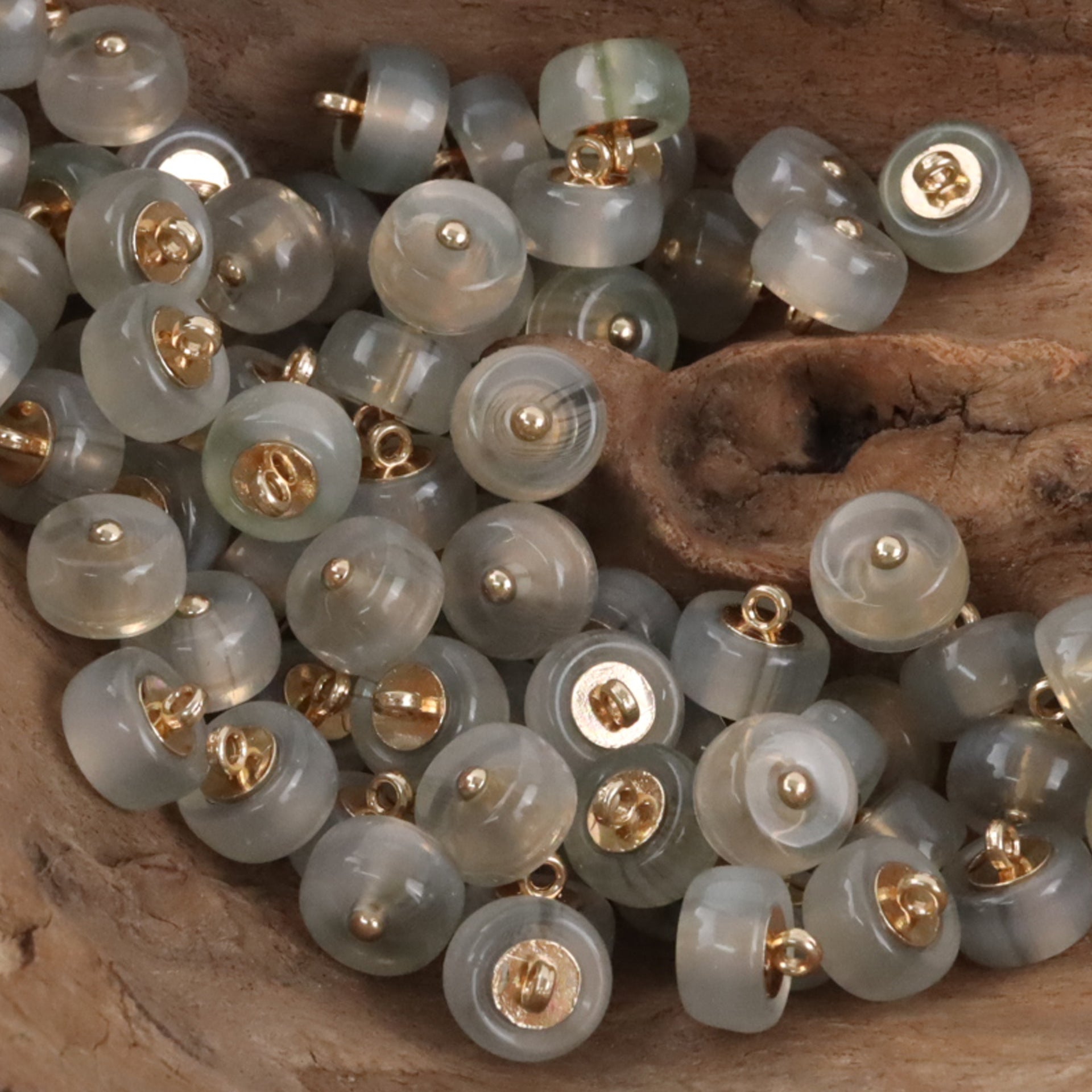 Light blue 10mm imitation jade resin buttons, gold shank, round, 10pcs