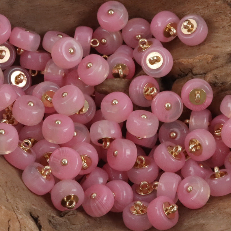 Pink 10mm imitation jade resin buttons, gold shank, round, 10pcs
