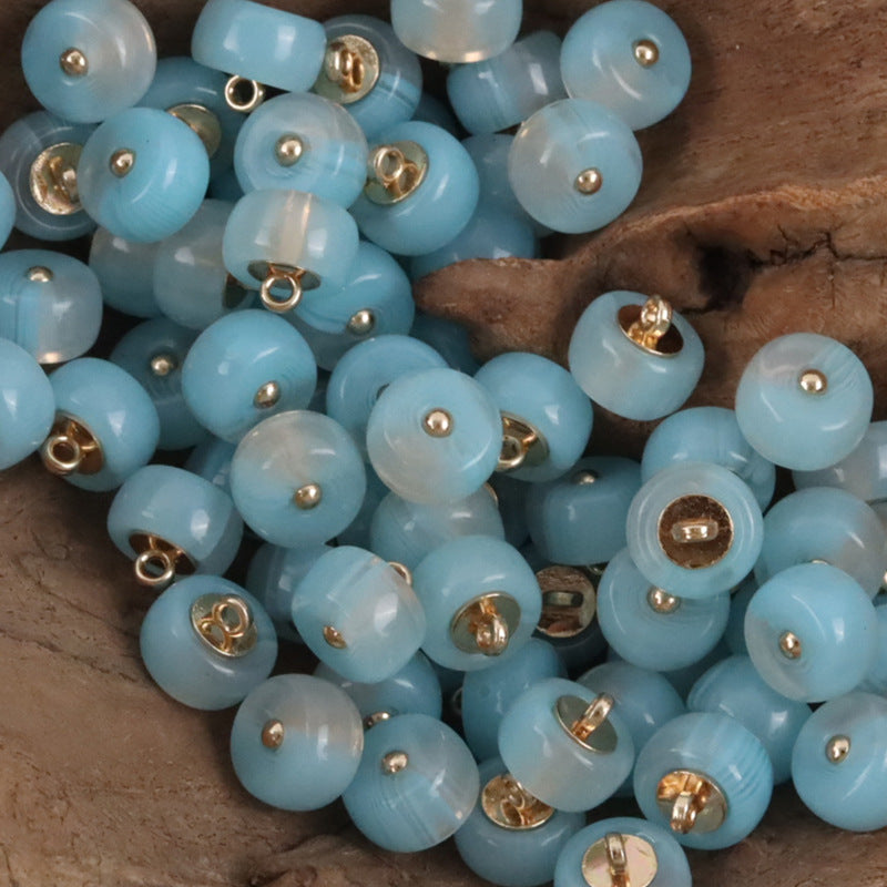 Light blue 10mm imitation jade resin buttons, gold shank, round, 10pcs