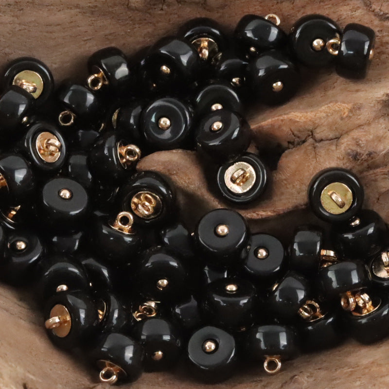 Black 10mm imitation jade resin buttons, gold shank, round, 10pcs