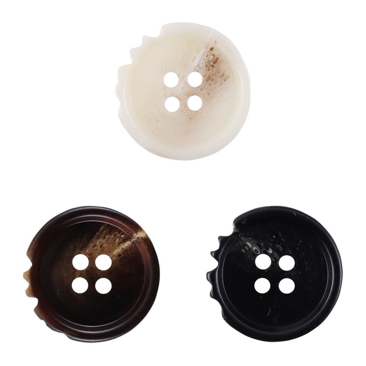 Chipped resin buttons set: beige, coffee, and black round buttons with 4 holes