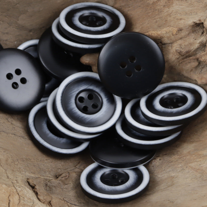 Frosted resin buttons assortment, dark gray faces with light gray rims, 4-hole design
