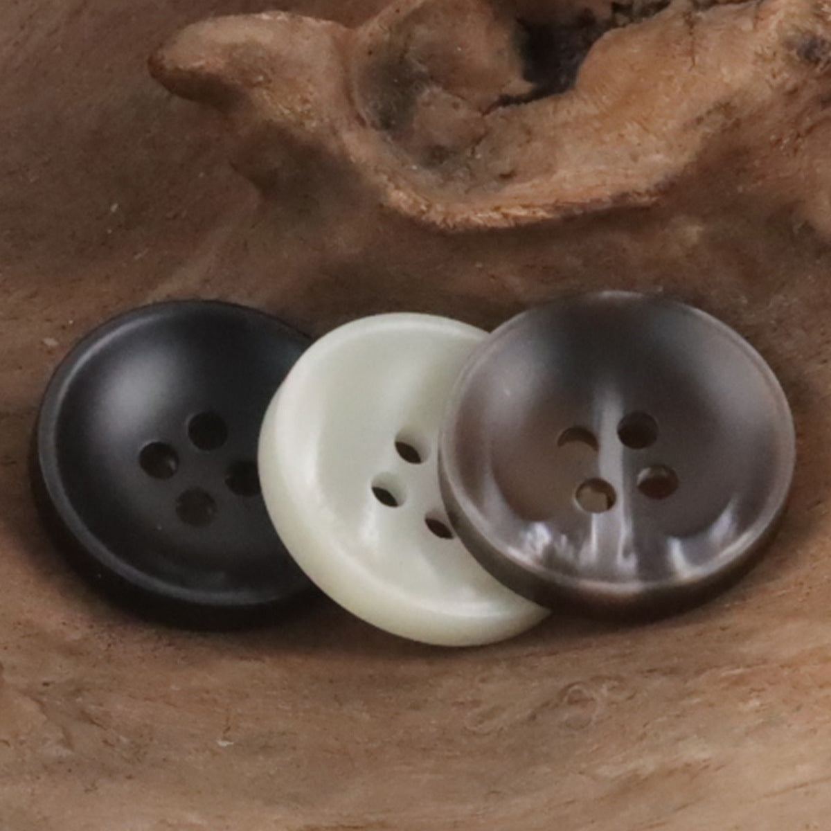Coffee and black gradient hazy round resin 4-hole buttons, pair view