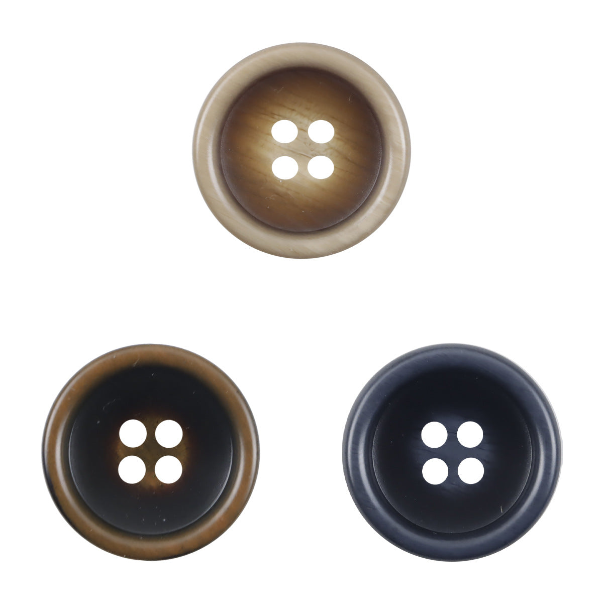 Round dark coffee resin suit buttons set, 4-hole design, multiple colors shown