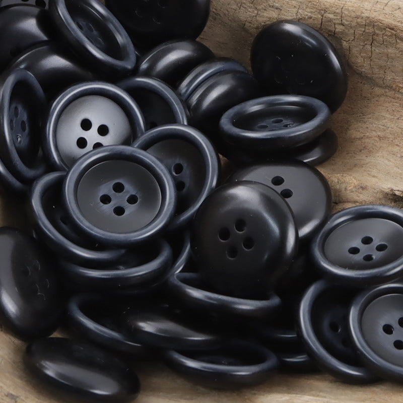 Dark blue/black round resin suit buttons, 4-hole faces, multiple pieces