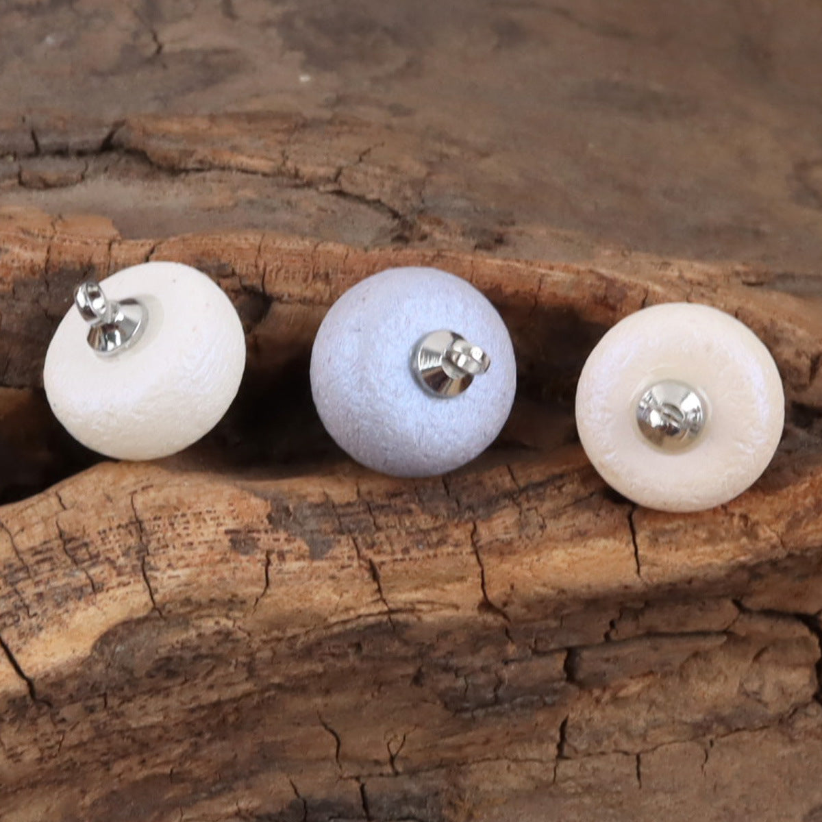 Milk white round resin buttons with silver metal loop backs, 3 buttons