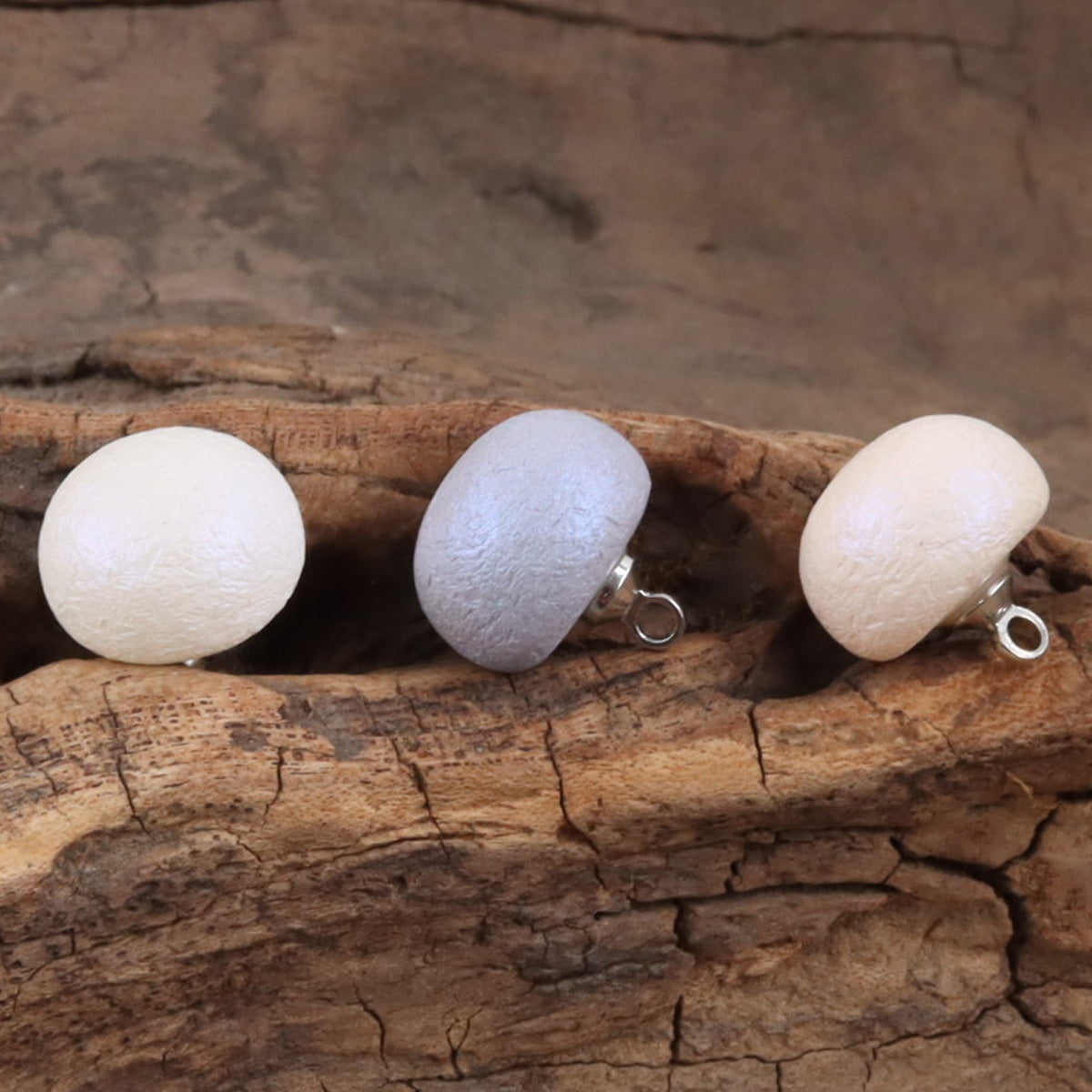 Milk white round resin buttons with silver metal loop backs, 3 buttons