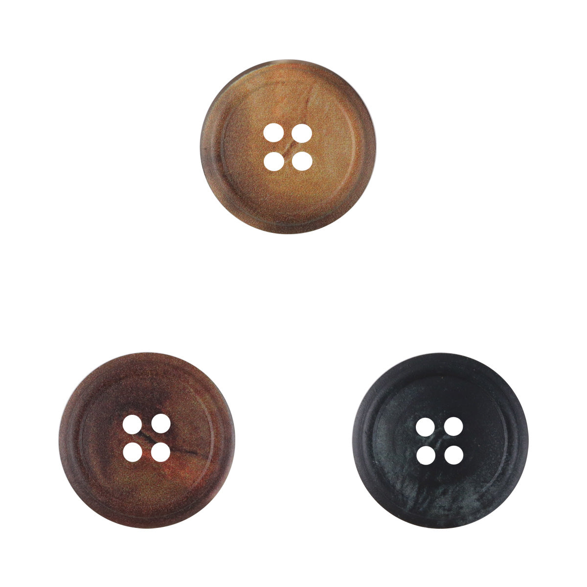 Round 4-hole vintage resin buttons in burnt yellow, coffee brown, and black (assorted)