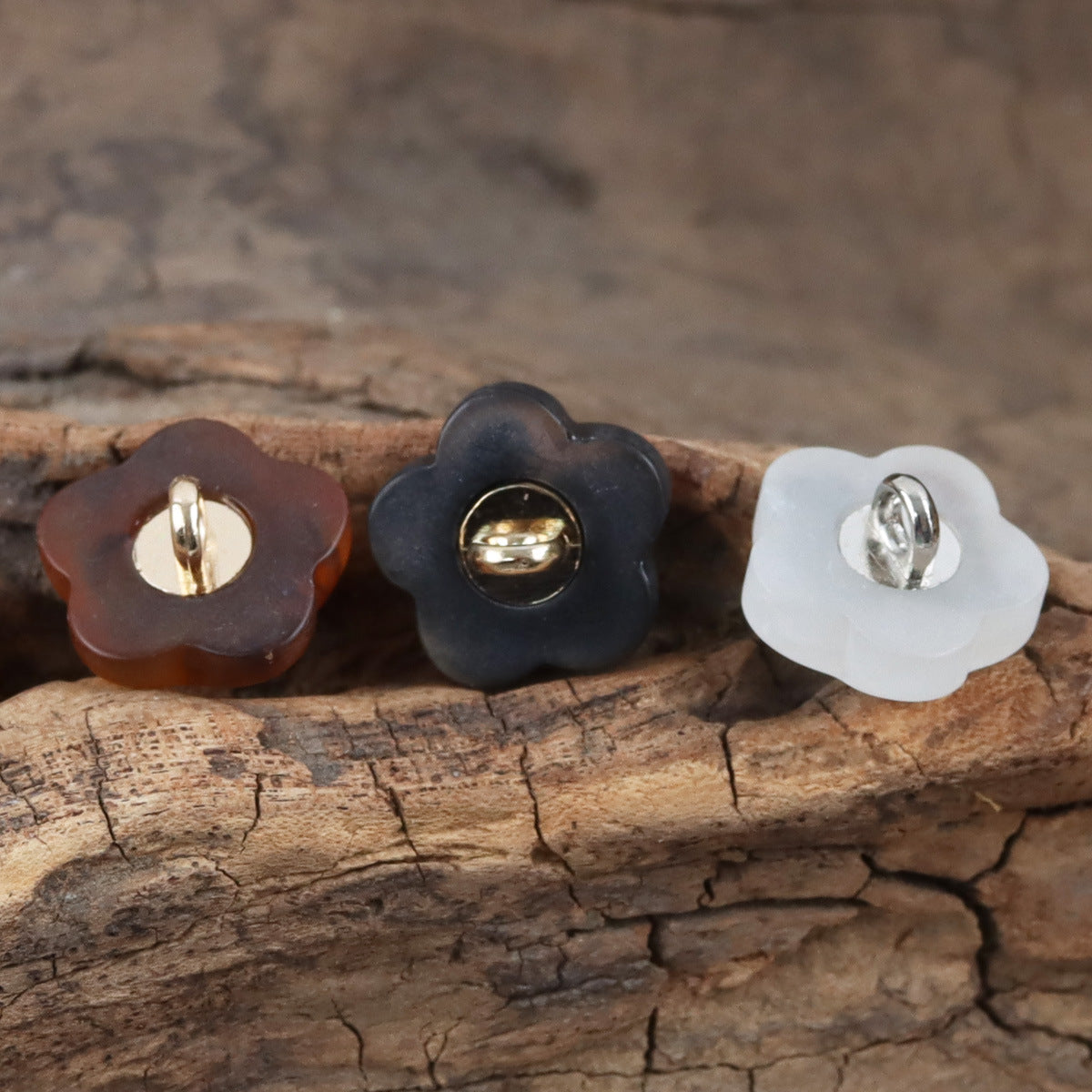 Plum blossom resin buttons with metal shanks: coffee, black and white
