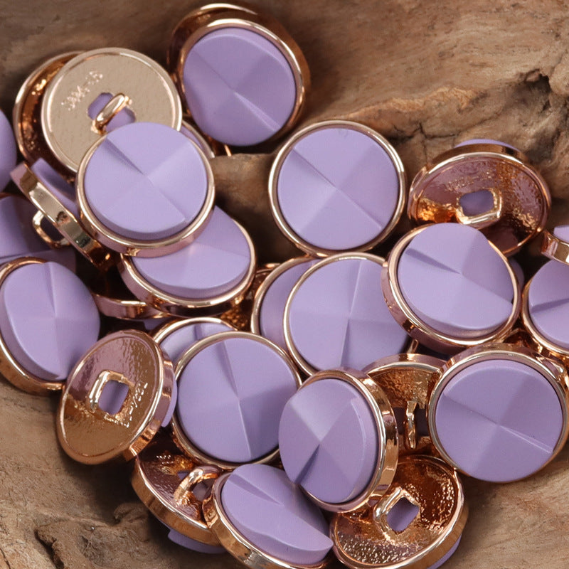 Purple and brown round geometric resin metal buttons with gold-tone rims