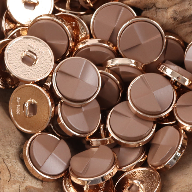 Taupe and gray round geometric resin metal buttons with rose-gold rims