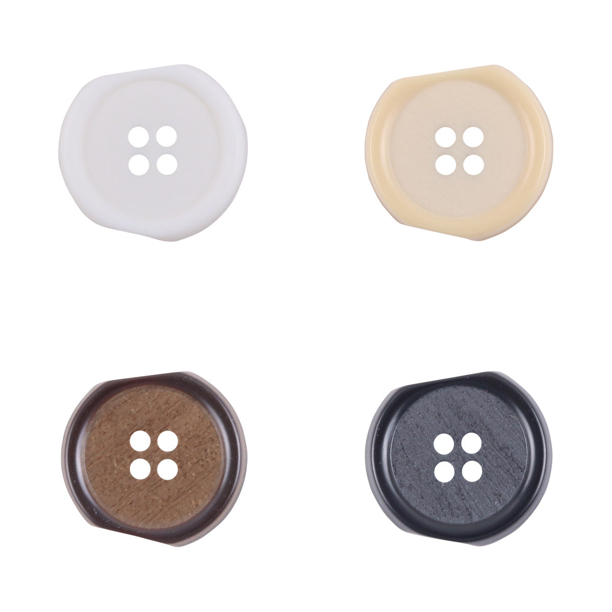 Irregular four-hole resin buttons (white, khaki, coffee, black) in close-up views