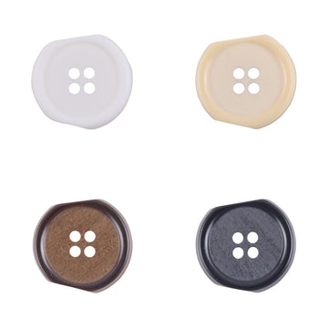 Irregular four-hole resin buttons (white, khaki, coffee, black) in close-up views