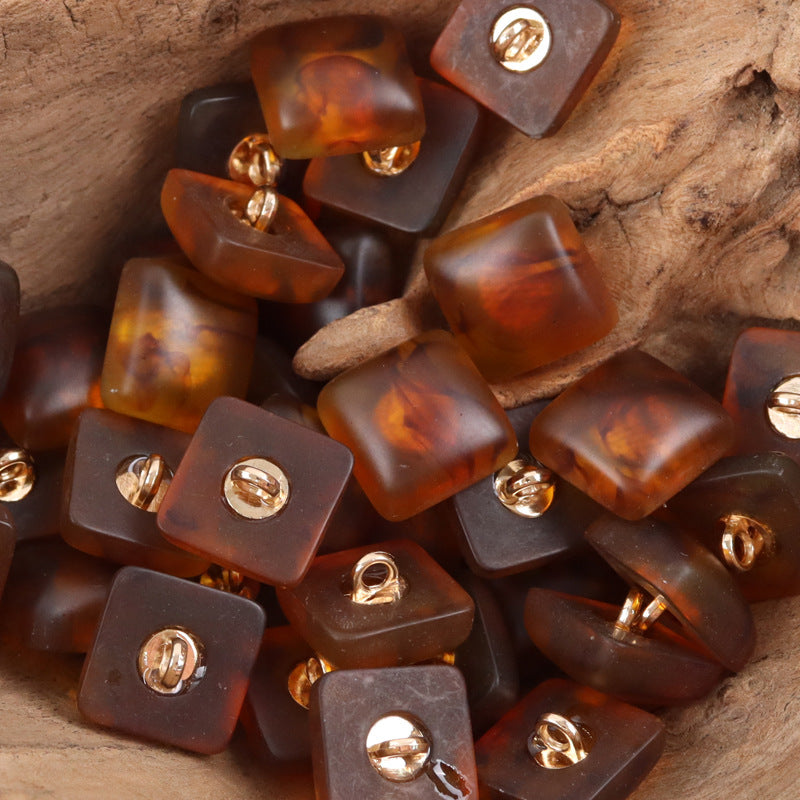 Amber and dark square resin buttons with metal shanks for hats and dolls