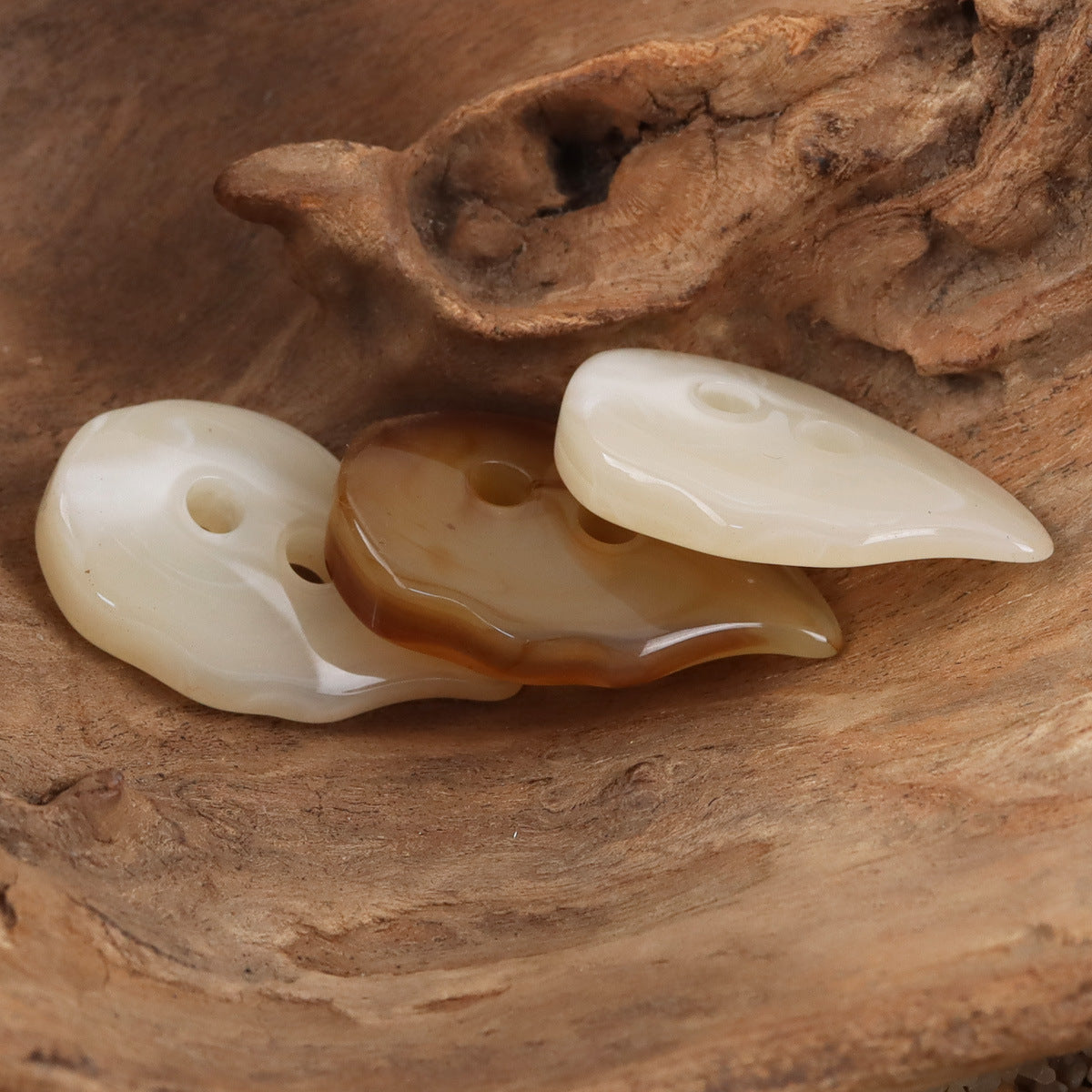 Beige and coffee resin leaf buttons, smooth glossy finish, 2 holes