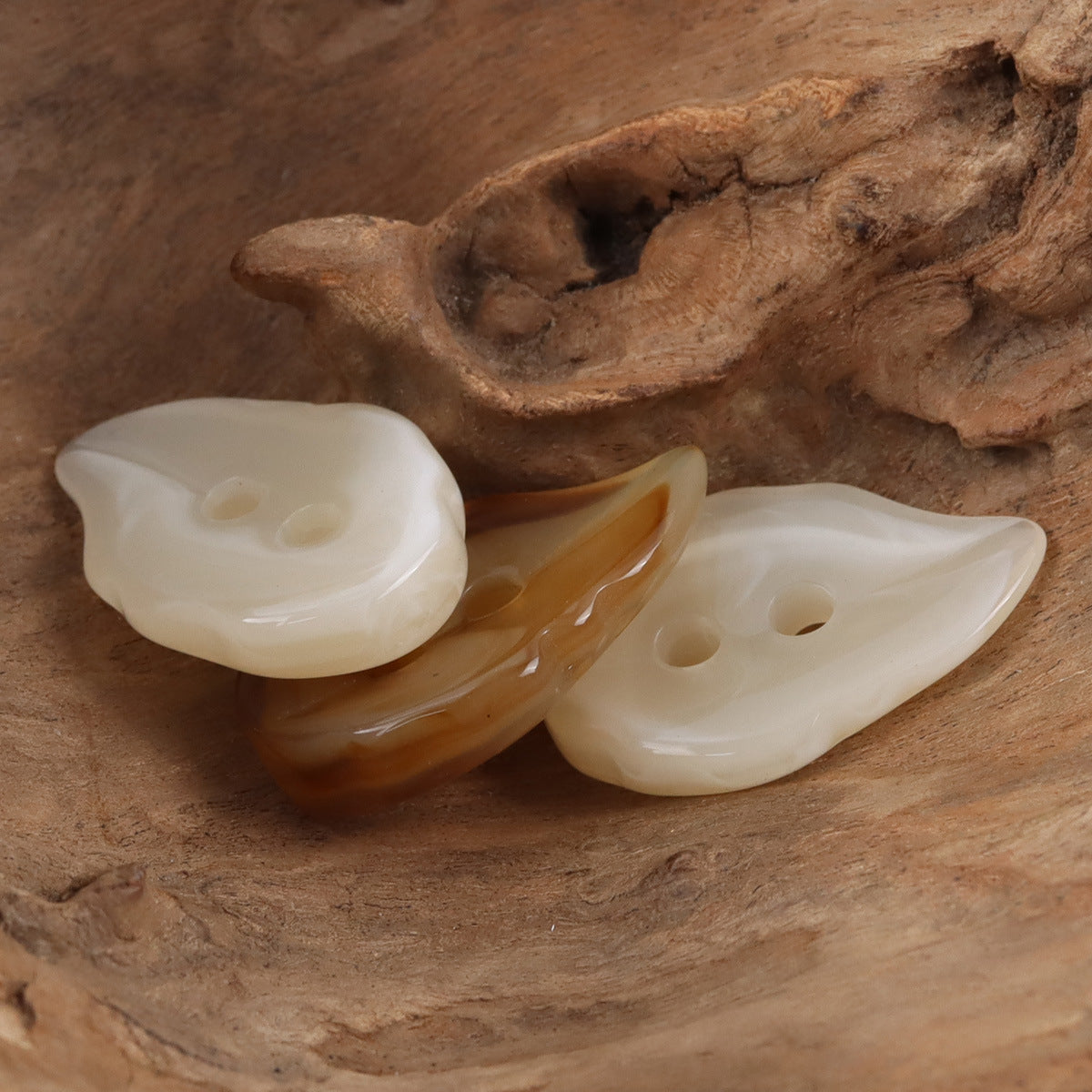 Coffee-brown & beige leaf-shaped resin buttons, 2-hole, glossy