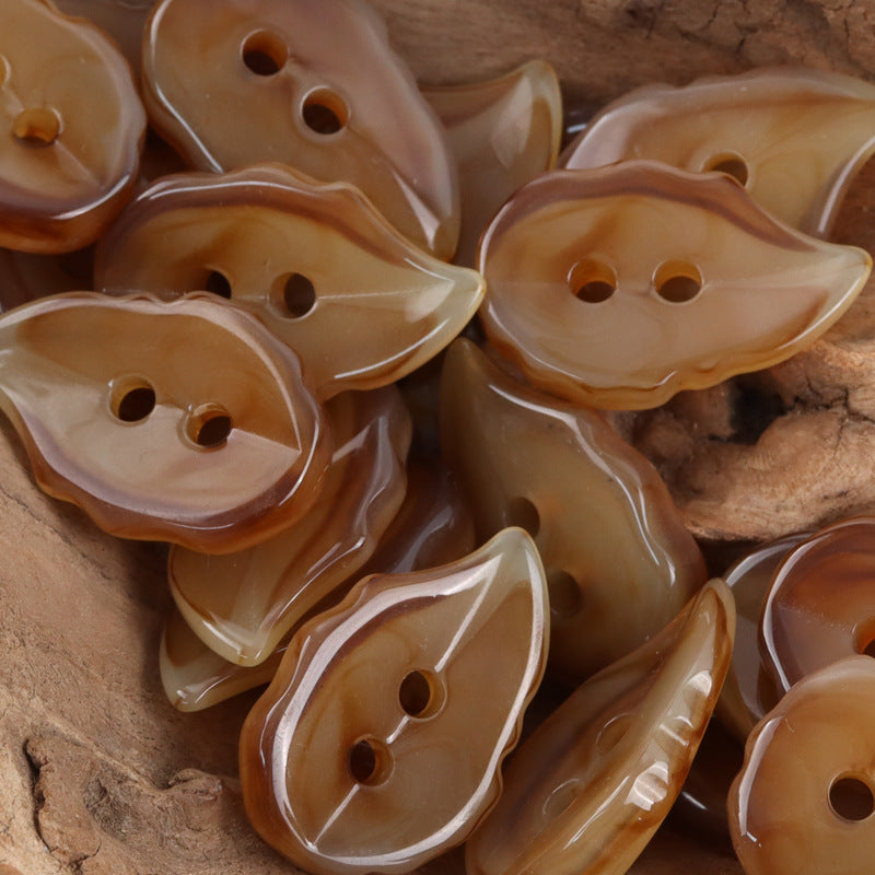 Coffee leaf-shaped resin buttons, glossy, 2-hole design
