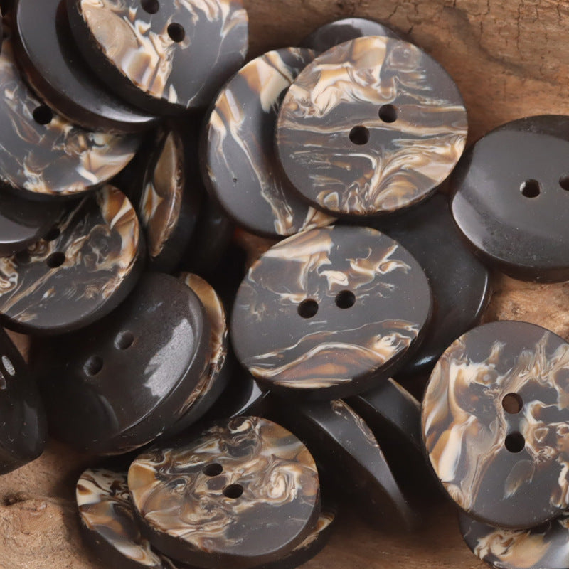 Curved oval resin buttons, imitation wood grain, dark with tan marbling