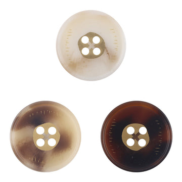 Round 4-hole resin button in ivory/white with four holes and gold-tone shank