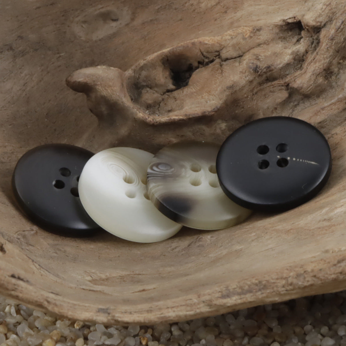 Matte resin buttons in dark coffee and cream, 4-hole front buttons