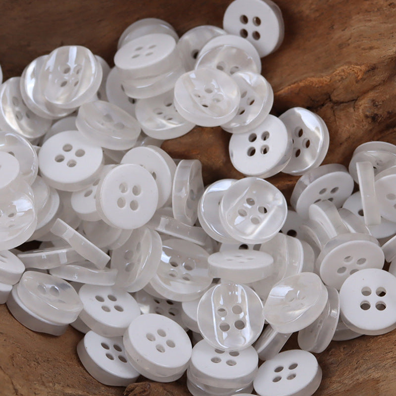White glitter curved resin buttons, round 4-hole, glossy, assorted set