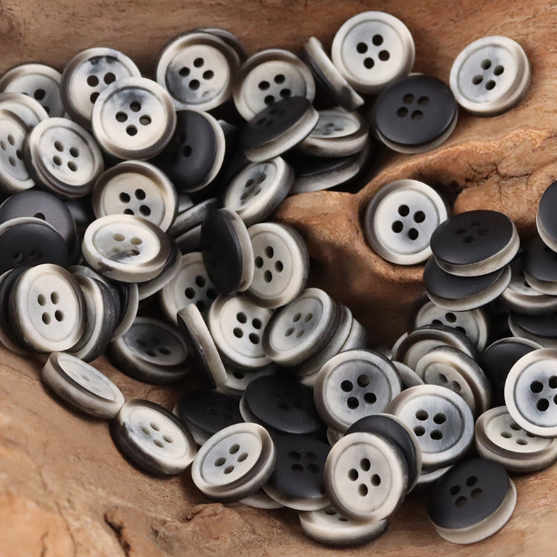 Wood-grain resin buttons, 4-hole, dark charcoal and silver-gray mix (bulk set)