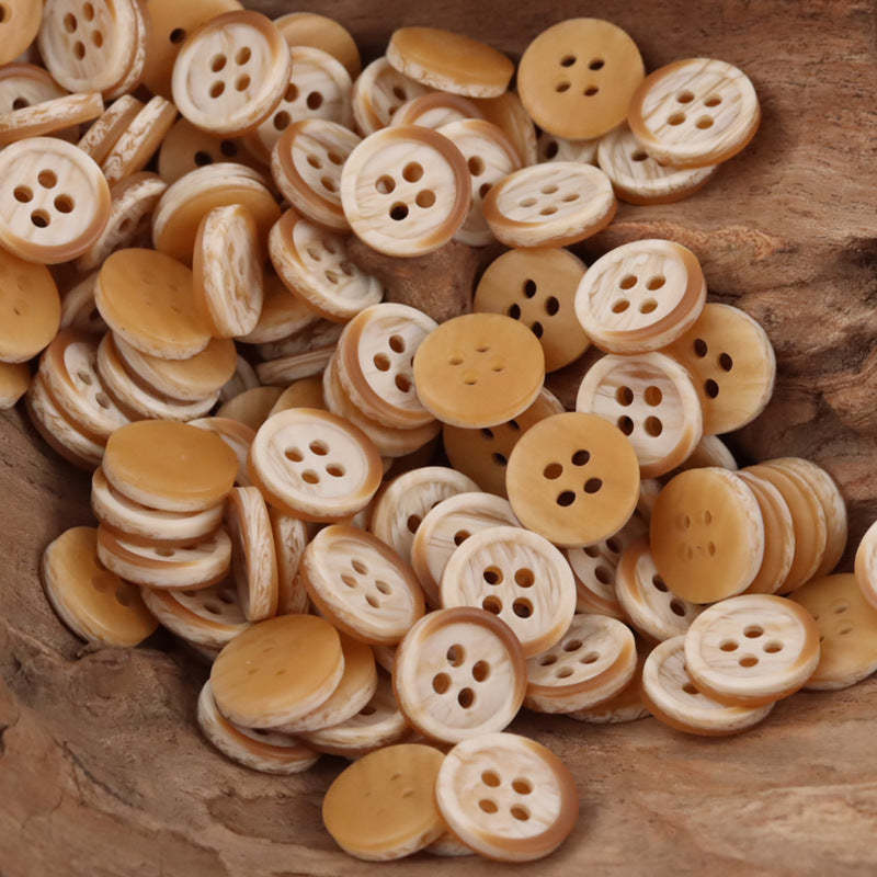 Wood-grain resin buttons, 4-hole, orange-yellow tan mix (bulk set)
