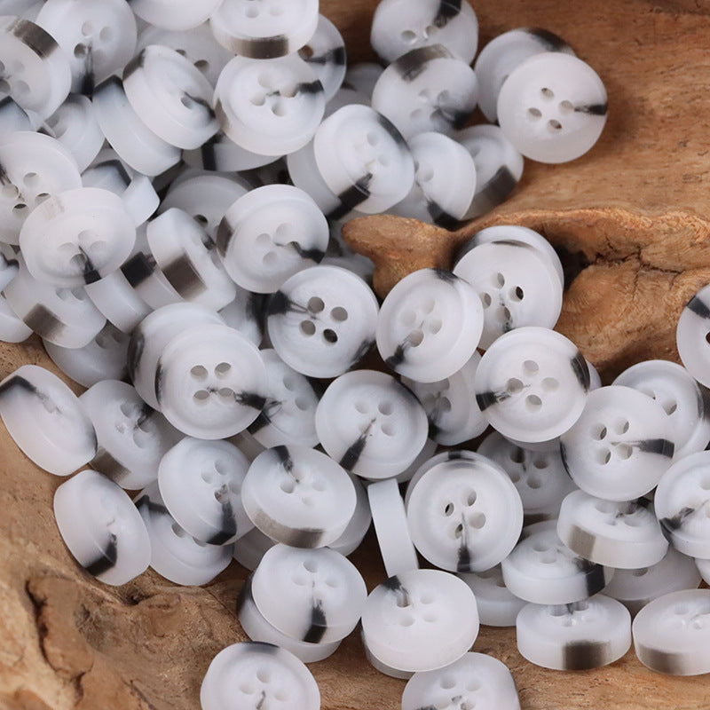 Resin buttons bundle, round 4-hole, white with dark marbled specks