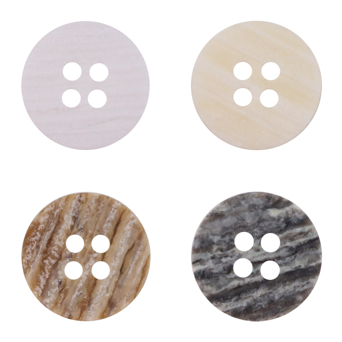 Round resin buttons with wood-grain look, 4-hole design—white, beige, coffee, black-gray