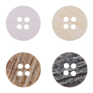 Round resin buttons with wood-grain look, 4-hole design—white, beige, coffee, black-gray